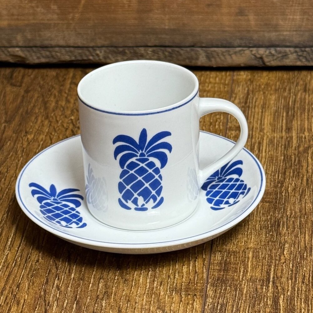 Vintage Leart Demitasse Cup & Saucer White Porcelain Blue Pineapple